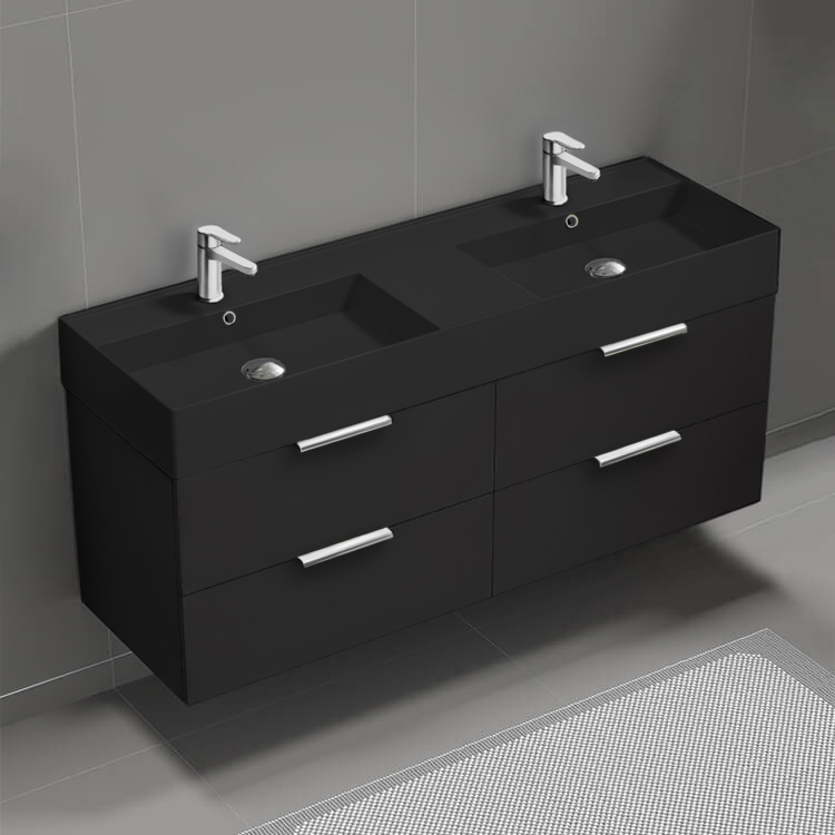 Nameeks DERIN261 56 Inch Bathroom Vanity With Black Sink, Double Sink, Wall Mounted, Modern, Matte Black